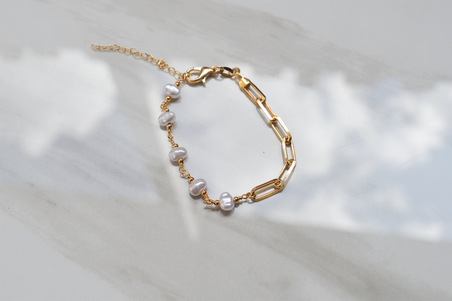 Lily Bracelet - Half Fresh Water Pearls & Half Links