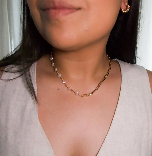 Lily Necklace - Half Fresh Water Pearl & Half Links