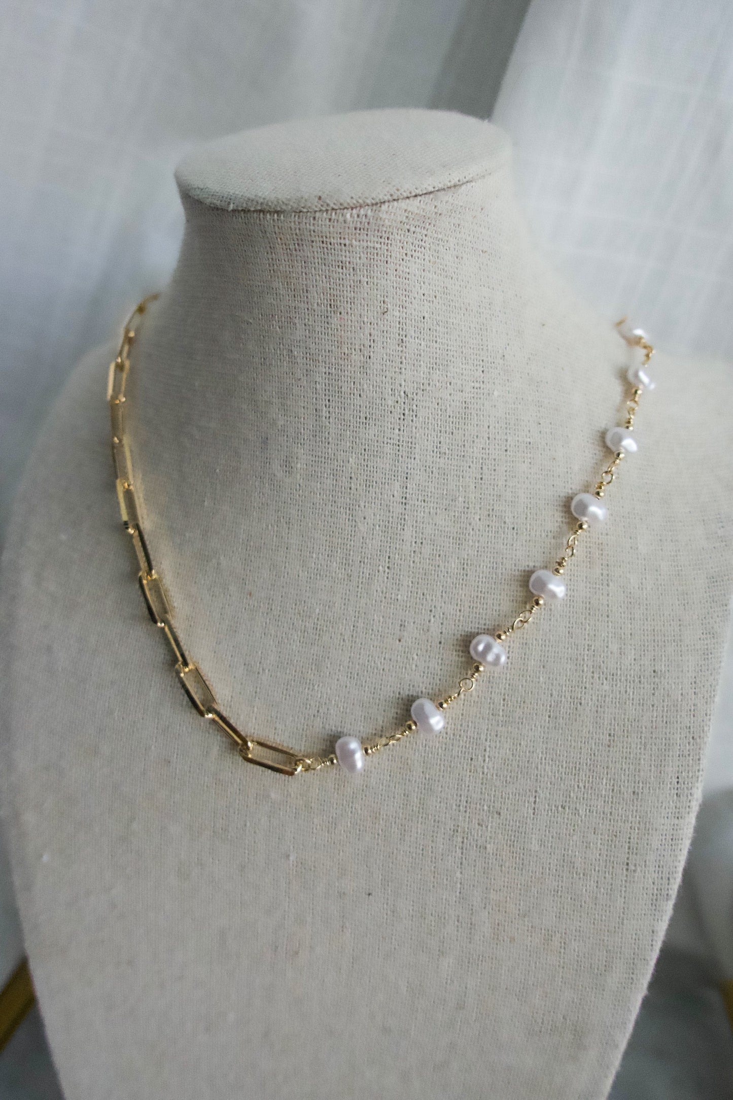 Lily Necklace - Half Fresh Water Pearl & Half Links